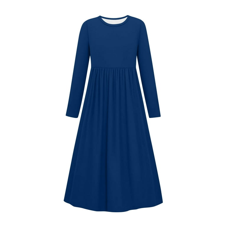 Hvobtty Toddler's Soft Maxi A-Line Dresses, Spring Dresses for Kid Girls' Casual Comfy Solid Color Long Sleeve Round Neck Pocket Straight Maxi
