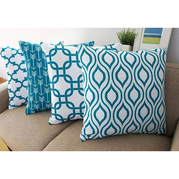 SUFAM Set of 4 Pillow Cases Canvas Modern Simple Country Blue White