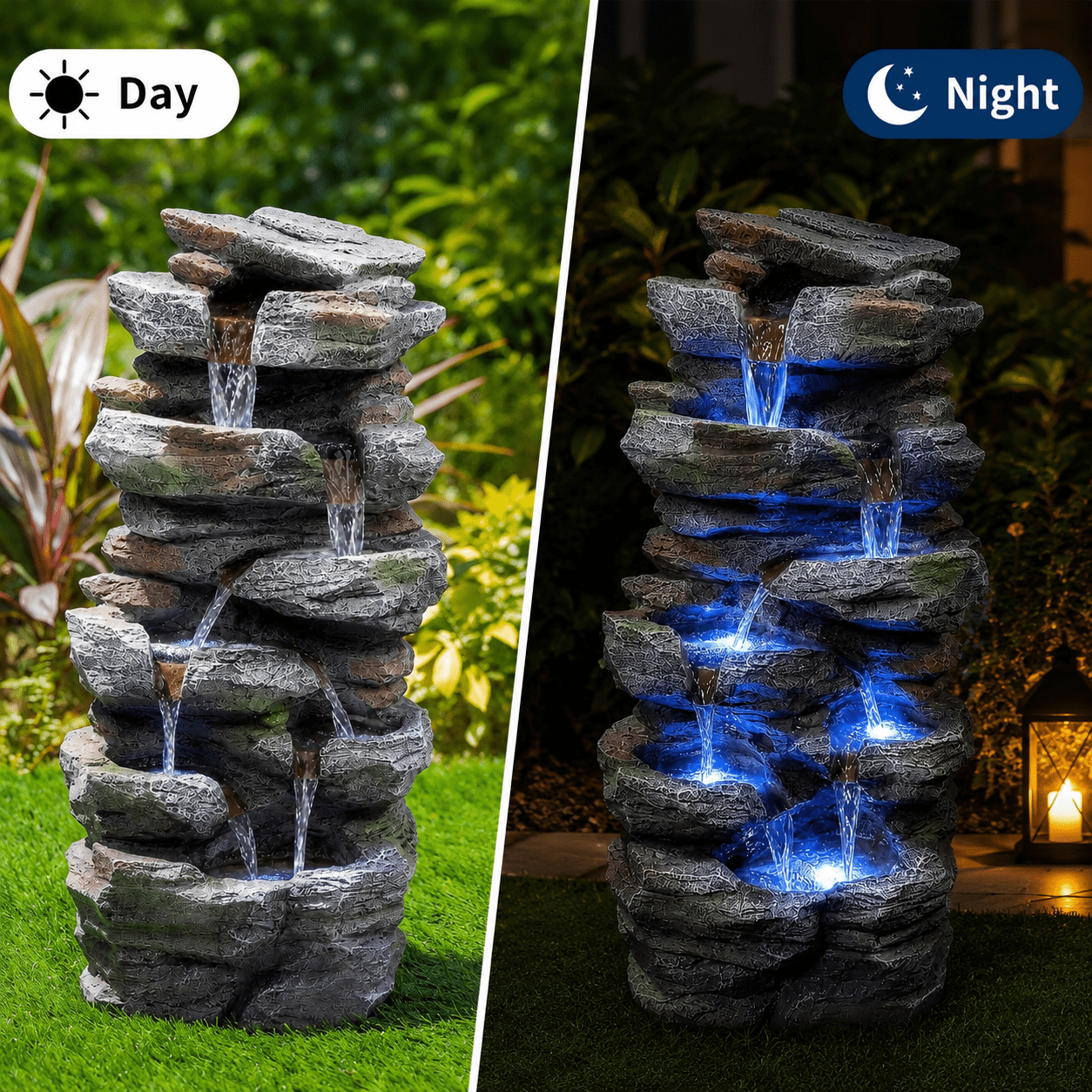 Aukfa Outdoor Rock Water Fountain with LED Lights, Resin Cascading Waterfall Feature for Patio Backyard Lawn,Gray