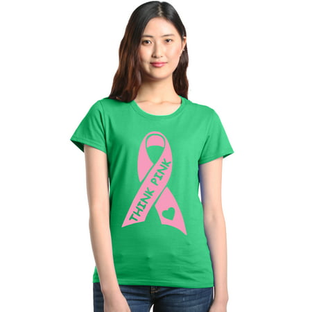 Shop4Ever Women's Think Pink Breast Cancer Ribbon Awareness Graphic