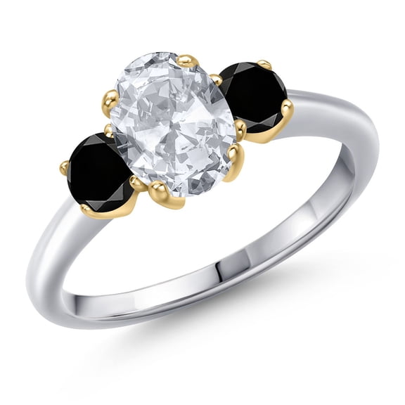 Gem Stone King 925 Silver and 10K Yellow Gold White Topaz and Black Diamond Engagement Ring for Women | 2.04 Cttw | Oval 8X6MM | Gemstone November Birthstone | Size 8