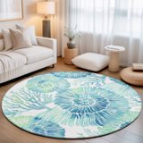 Beachy Round Rug Round Rugs 4Ft, Blue Conch Round Area Rug Washable Indoor Throw Carpet ...