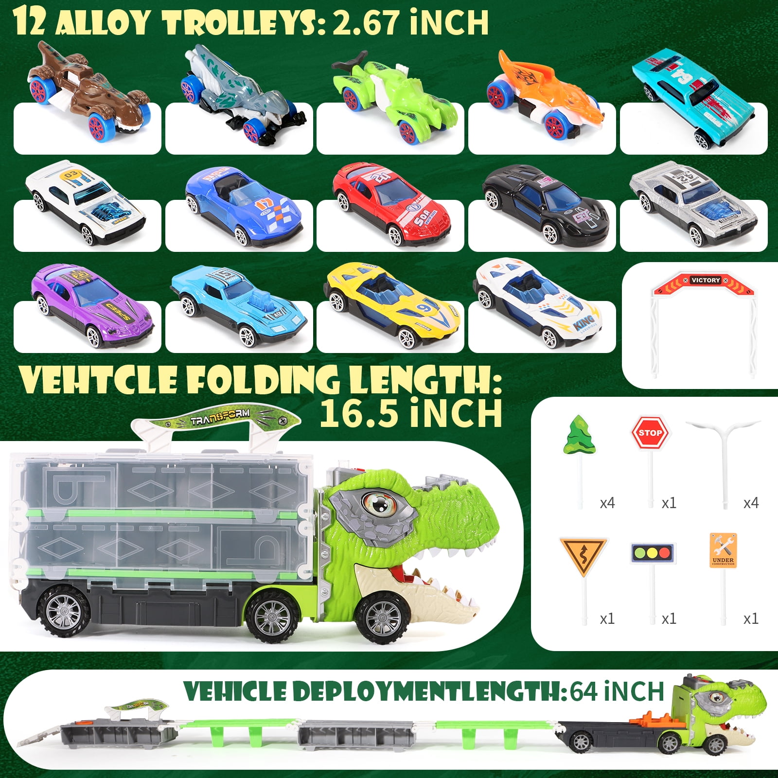 ToyM Dinosaur Truck Toys  for 3 4 5 Years Old Boys, Toddler, Foldable Track & 2 Player Race Mode, Light & Sound, 5-FT Race Track and 8 Die-Cast Metal Toy Cars and 4 dinosaur cars & 13 Accessories