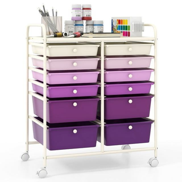 Gymax 12-Drawer Organizer Cart Rolling Storage Cart w/ 2 Sizes Plastic Drawers Purple