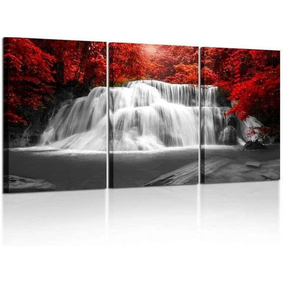 Hieng Black White and Red Canvas Wall Art 3 Pieces Red Woods Waterfall Canvas Print Landscape Paintings Framed Picture for Office and Home Décor Ready to Hang 16x24inchx3pcs