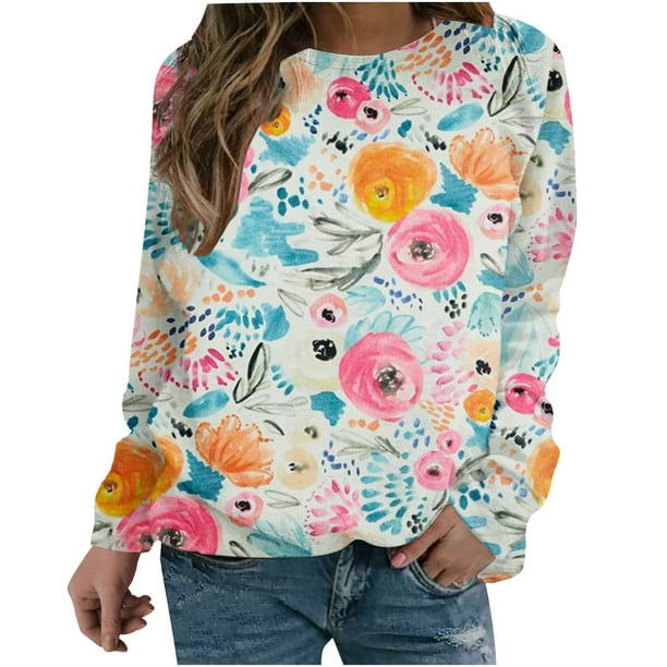 Camisas de mujer con estampado gráfico de manga larga con cuello redondo, sudadera, suéter, tops cómodos Fridja hkj1549
