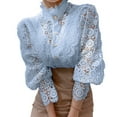 thumbnail image 1 of Women’s Lace Long Puff Sleeve Top Stand Collar Pearl Button Solid Color Blouse Shirt, 1 of 2