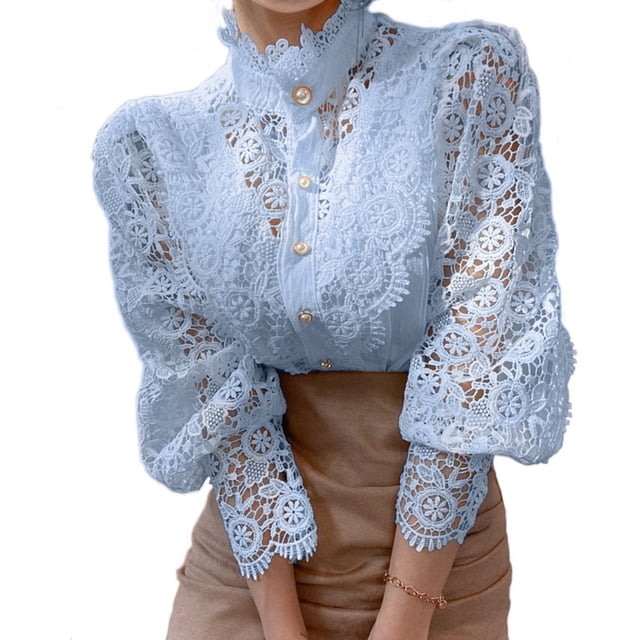 Women’s Lace Long Puff Sleeve Top Stand Collar Pearl Button Solid Color Blouse Shirt