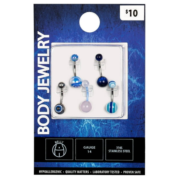 Body Jewelry Women's 14 Gauge Stainless Steel Assorted Belly Ring, 5 Pack