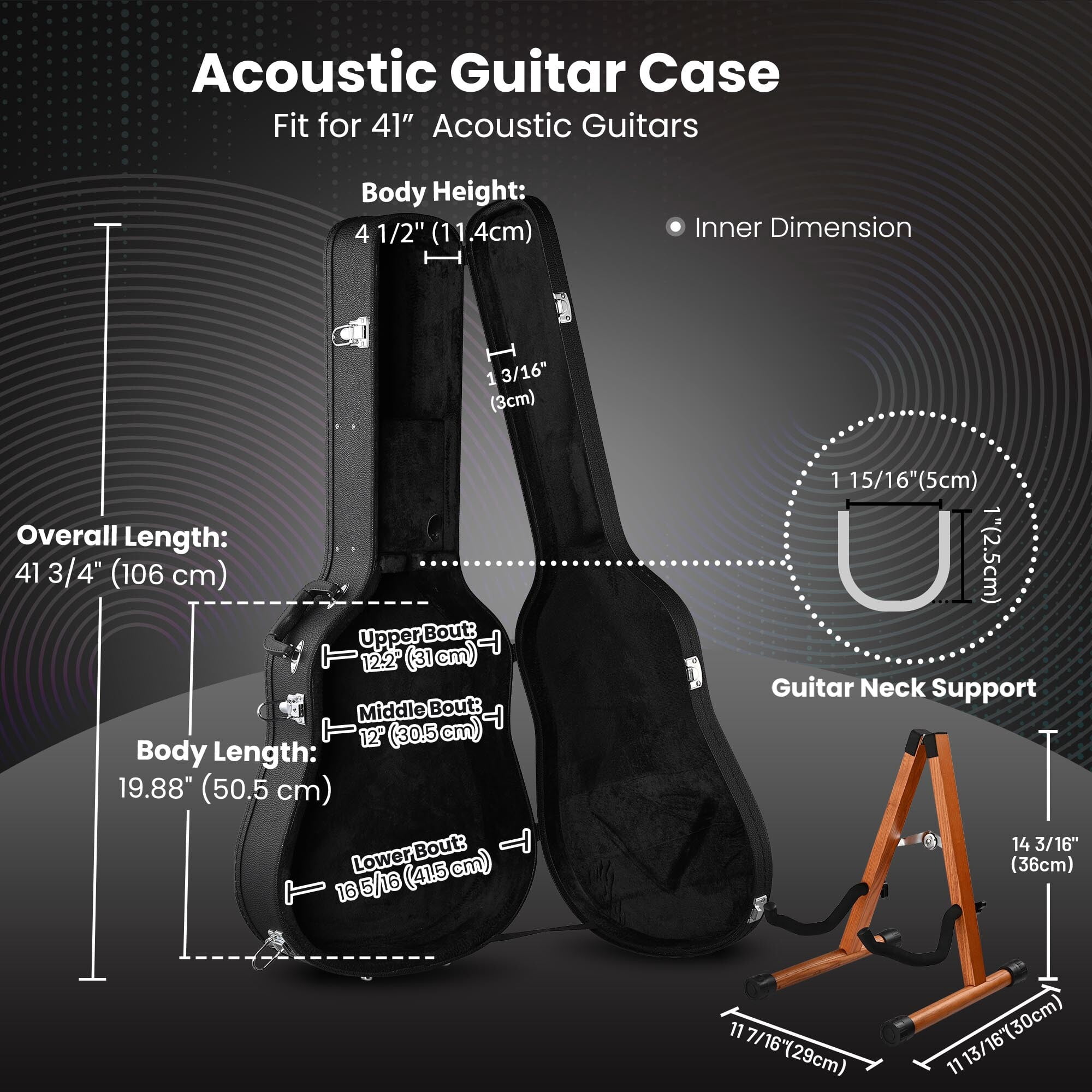 Yescom Acoustic Guitar Hard Case Wooden Hard Shell w/ Wood Folding Guitar Stand