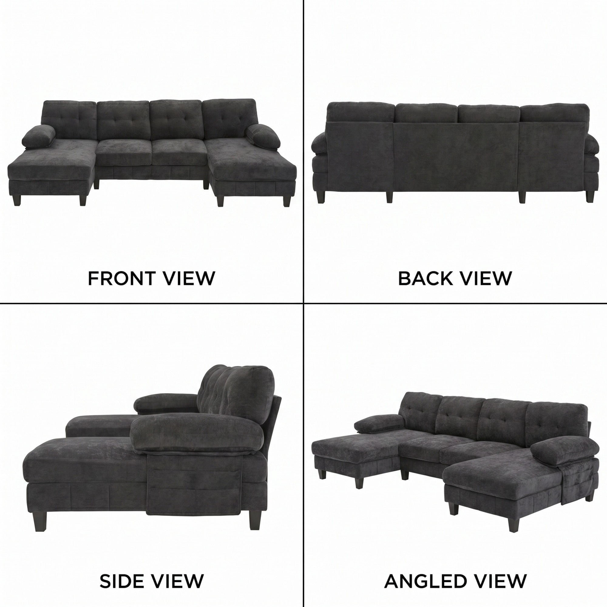 Sailvan 103.5" U-Shaped Sectional Sofa, Chenille Fabric Couch with Dual Chaises and Storage Pockets Black