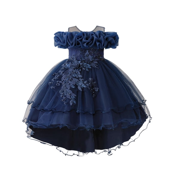 lnmuld Girls Cute Summer Dresses Elegant Satin Party Dress for Girls with Puffed Sleeves for Birthday Christening and Special Celebrations Color:Navy,Size:5-6 Years