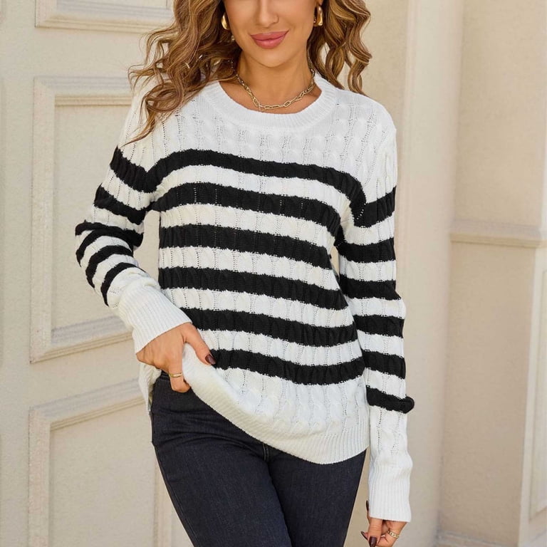 Jinhomg Women's Knitted Shirts Striped Color Block Long Sleeve Round Neck Tops Casual Loose Pullover Blouse Army Green S