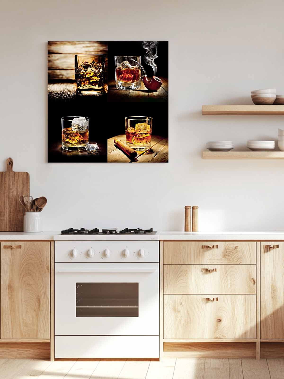 Whisky Glass Canvas Wall Art, Wine Cigars Old Wood Grain Ice Cubes Framed Wall Decor Modern Artwork Prints Painting for Living Room, Bedroom, Kitchen & Cafe Decor 28x28 Inch
