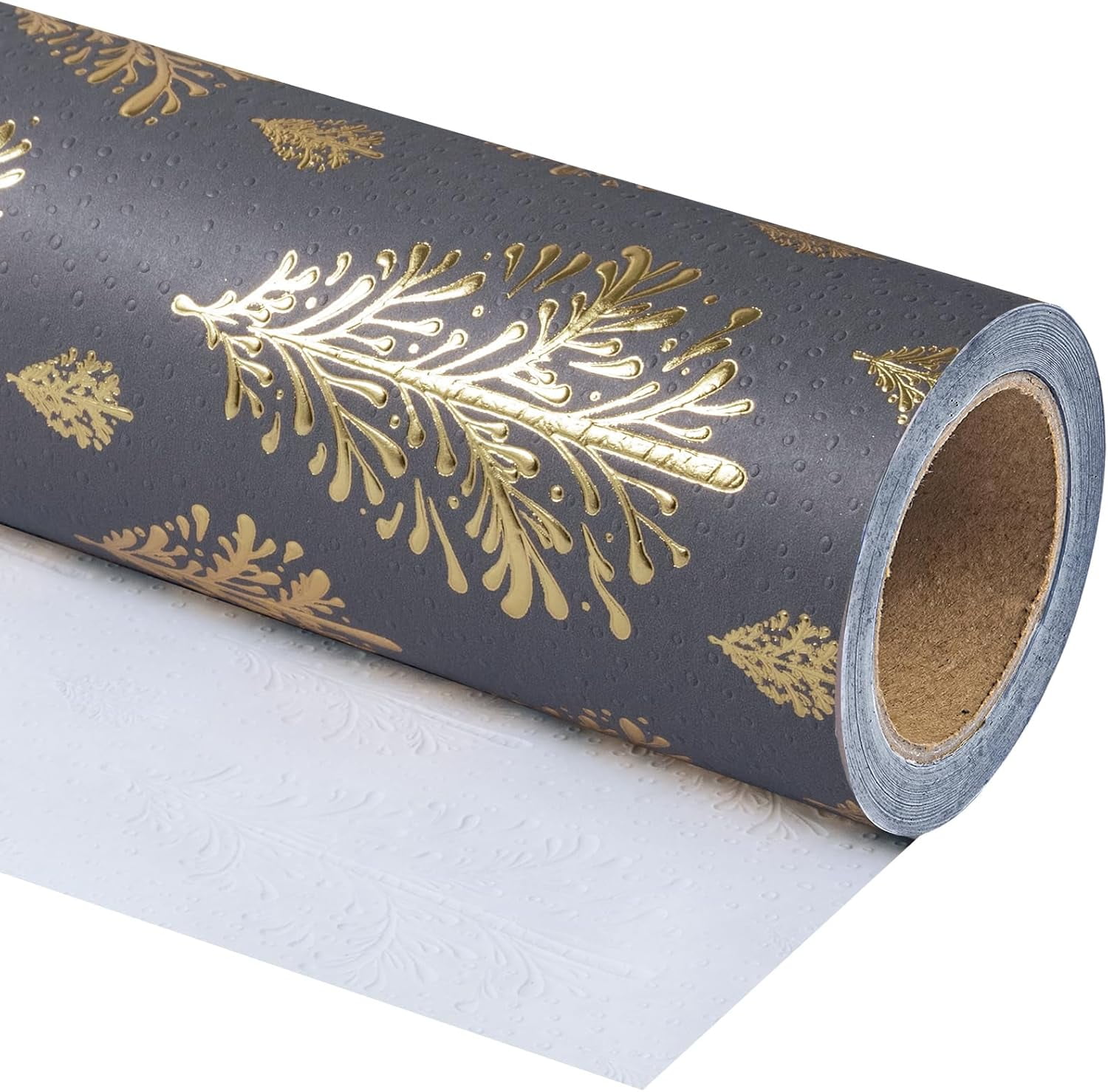 3D Kraft Christmas Wrapping Paper Roll - Mini Roll - 17 Inch x 16.5 Feet - Gold and Dark Grey Christmas Tree Wrapping Paper with Embossed Perfect for Holiday, Party Celebration