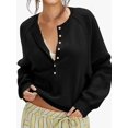 thumbnail image 4 of Women Henley Neck Half Button Drop Shoulder Loose Long Sleeve Knit Pullover Sweater Black XS, 4 of 9
