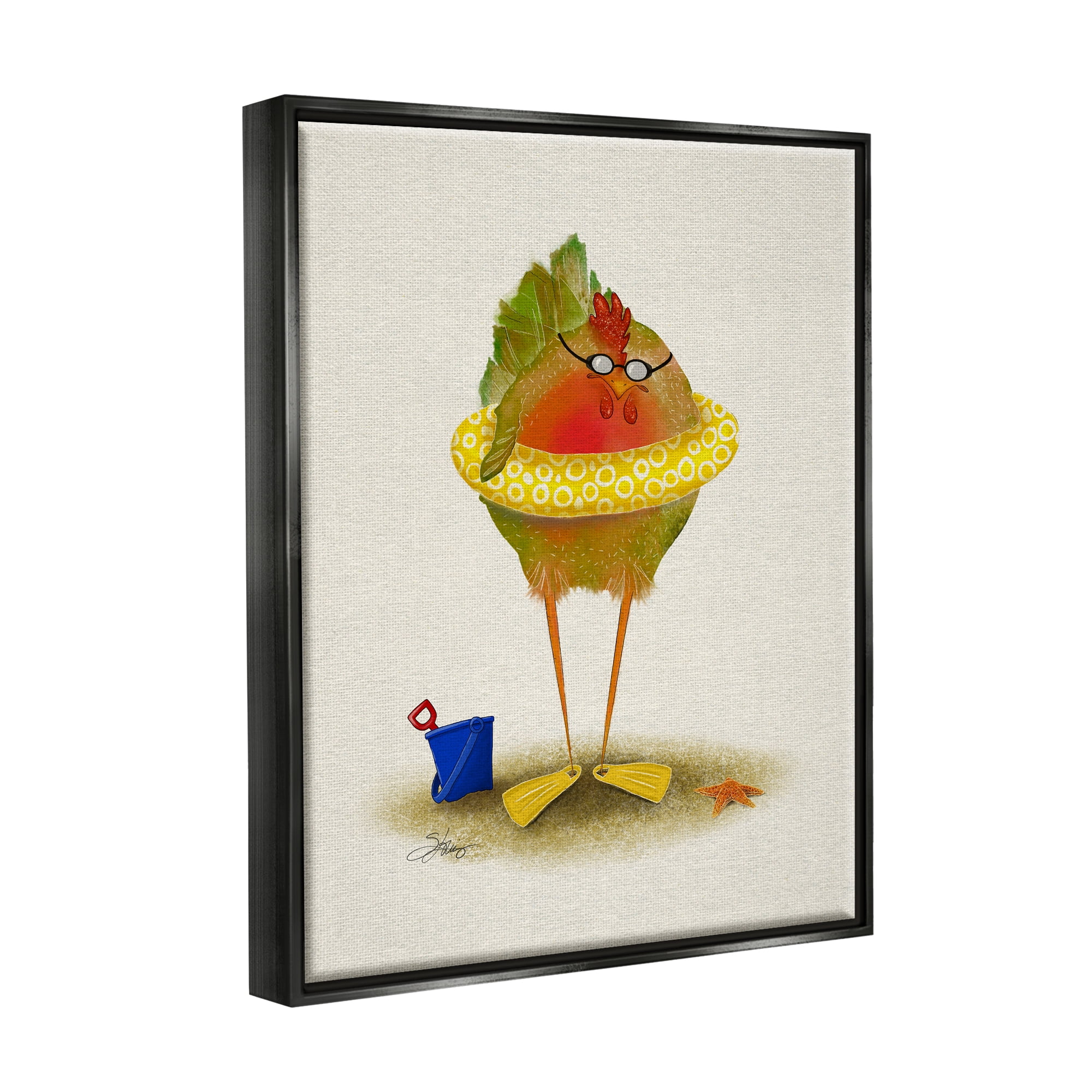 Stupell Fun Whimsical Bird Beach Tube Landscape Painting Black Floater Framed Art Print Wall Art