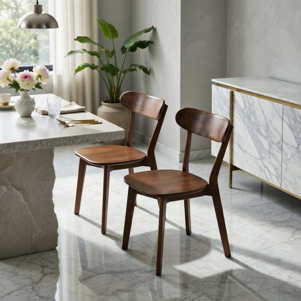 Hommoo Mid Century Modern Solid Wood Dining Chairs Set of 2, Ergonomic Curved Backrest, Adjustable Leveling Feet, for Dining Room, Kitchen & Living Room, Walnut