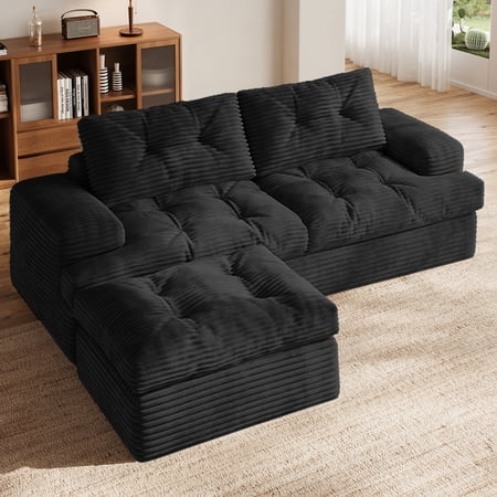 85" Modular Sectional Sofa for Living Room, L-Shaped Corduroy Cloud Couch with Ottoman, Two-Layer Cushion, No Assembly Boneless Sofa, Black