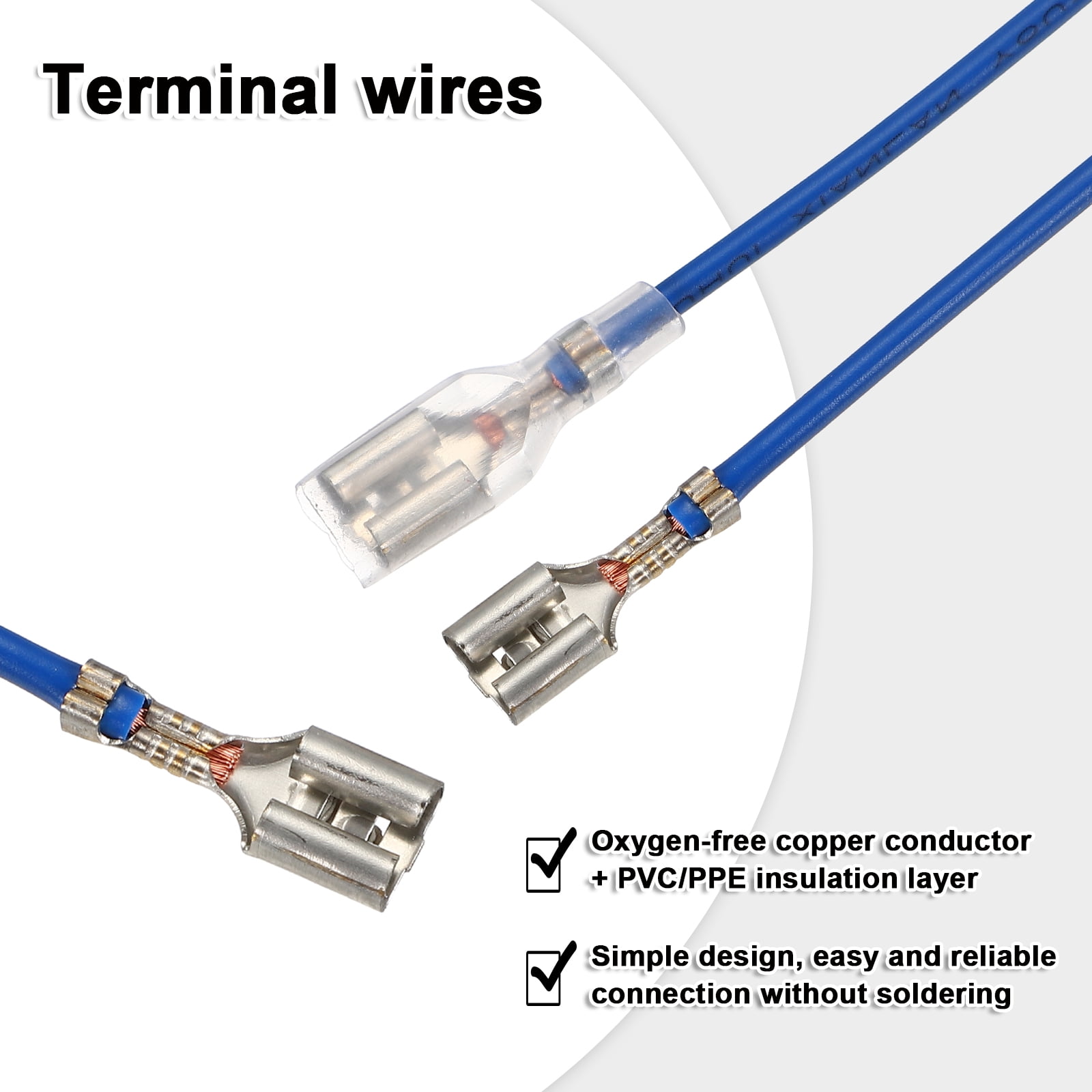 60 Pack Female Spade Crimp Terminal with Insulating Sleeve 6.3mm, Female Spade Quick Connector Assortment Kit with 20cm Wires, Flame Retardant Cover, Blue