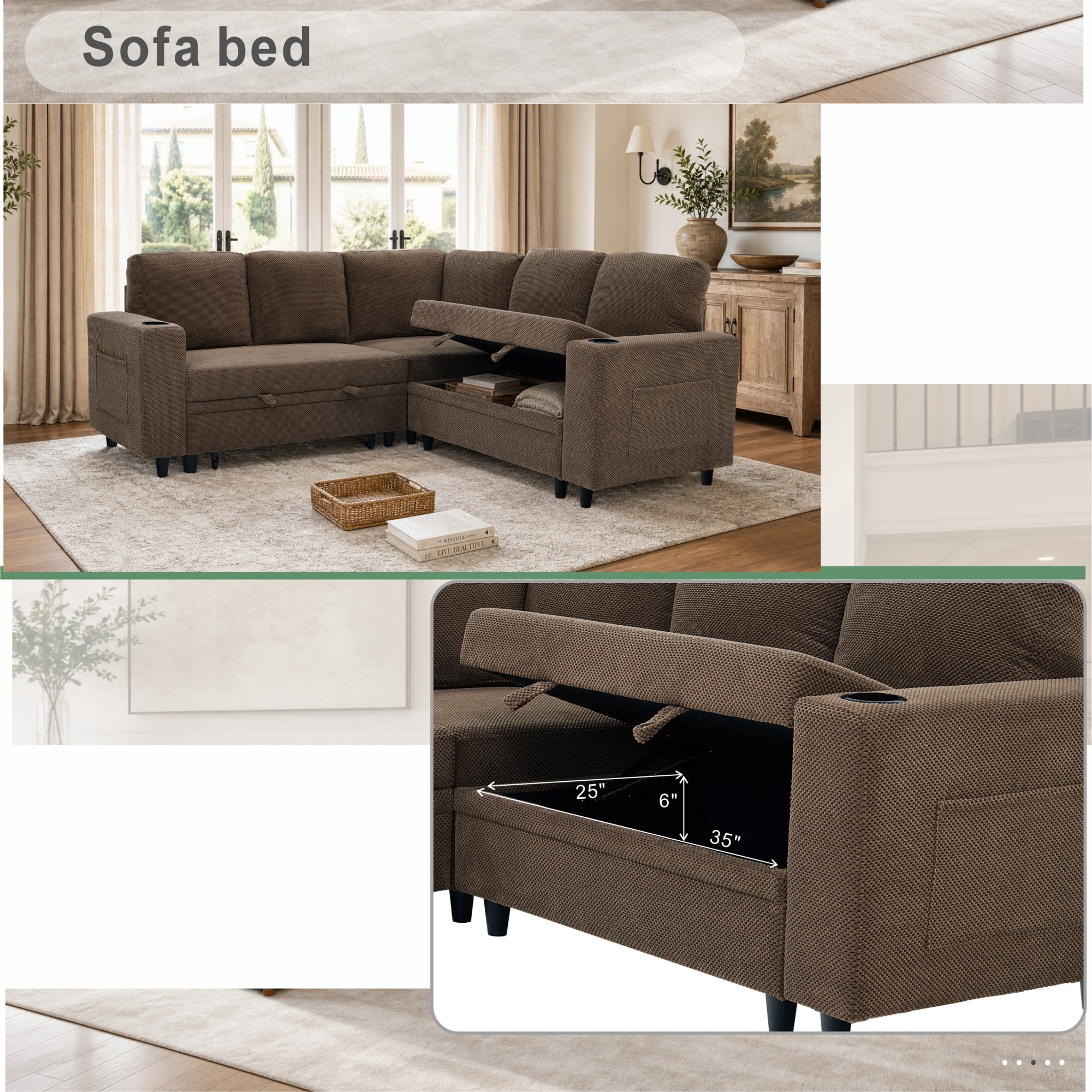 BSHTI 76.5" Polyester L-Shaped Sectional Sofa Bed with Hidden Storage, Cup Holders, Side Pockets, Pull-Out Design for Living Room(Coffee)