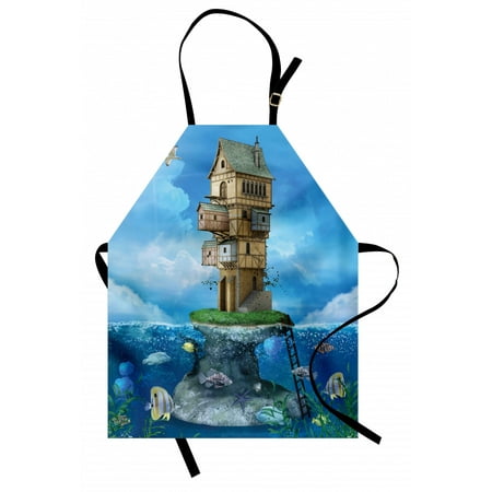 

Cartoon Apron Fantasy Fisherman House Fairytale Underwater Life Fishes Coral Cloudy Sky Unisex Kitchen Bib Apron with Adjustable Neck for Cooking Baking Gardening Blue Brown Green by Ambesonne