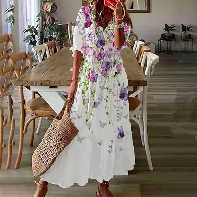 SMihono Robe Maxi Bohème d'Été pour Femmes Grande Taille Mode Femmes Décontractée Col en V Imprimé Manches Courtes Robe Longue Ample Robe de Plage