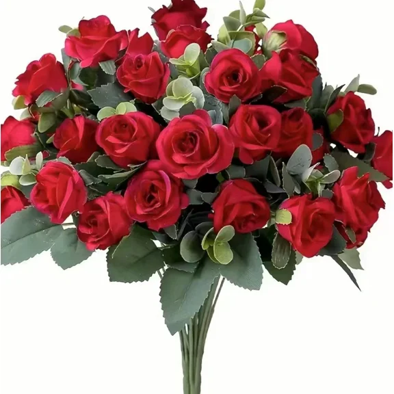 Namzi 3Pcs Artificial Mini Silk Rose Eucalyptus Flower Bouquet,Home Table Garden Decoration-Red