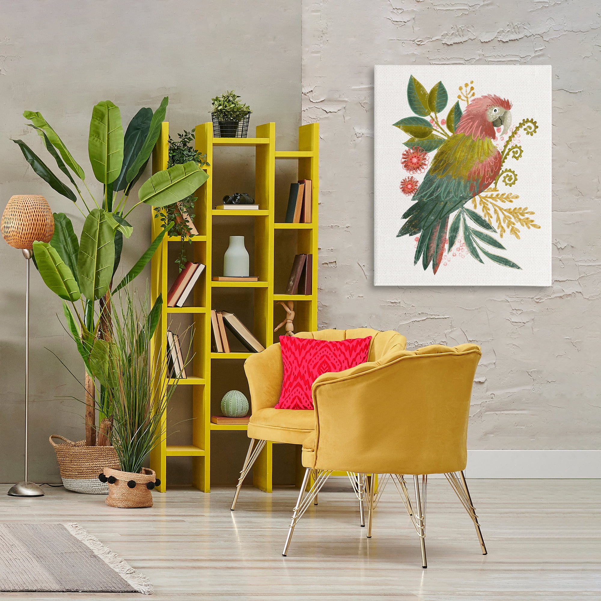 Stupell Industries Parrot with Eclectic Leaves Animals & Insects Painting Gallery Wrapped Canvas Art Print Wall Art, 30 x 40