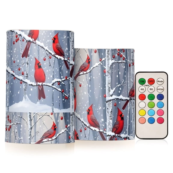 Red Cardinals Flickering Flameless Candles Battery Operated with Remote Timer LED Pillar Candles Set of 2