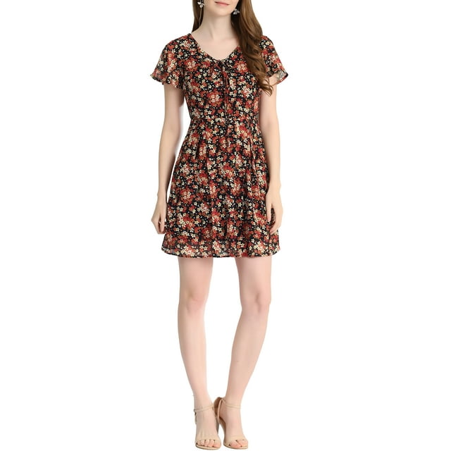 INSPIRE CHIC Robe en Mousseline à Fleurs pour Femme, Col en V, Manches Courtes Évasées, à Lacets et à Fermeture Éclair, TP Noir Rouge