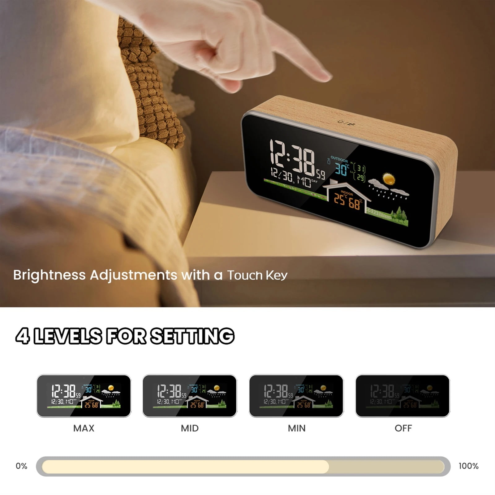 Wireless Weather Station Wooden Alarm Clock Digital Thermometer Humidity Temperature Wireless Sensor Home TimeWatch Desktop #30 ,High Precision