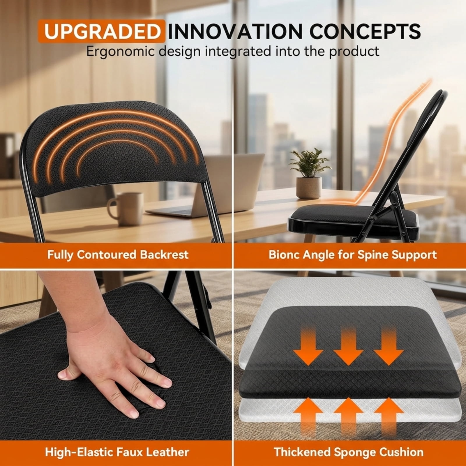 Fenbeli Woven Textilene Folding Chairs 2 Pack, Black Breathable Padded Seats with Steel Frames, Portable Seating for Home Office Parties and Events