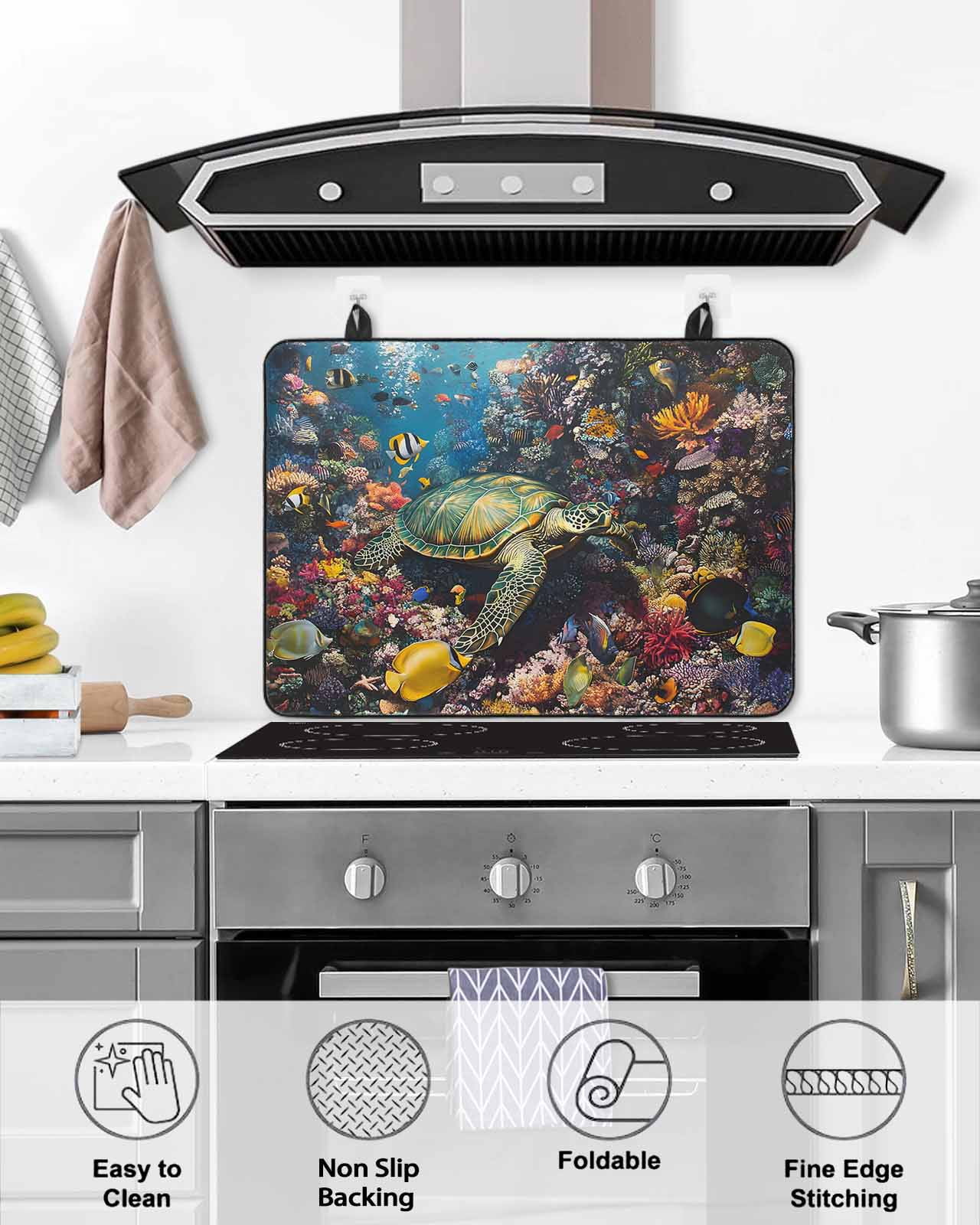 nqOlkjepod Large Induction Cooktop Protector Mat 28.5"x20.5", Summer Turtle Stove Top Covers for Electric Stove, Beach Ocean Coral Colorful Tropical Fish Stove Burner Cover Mats Stove Cover