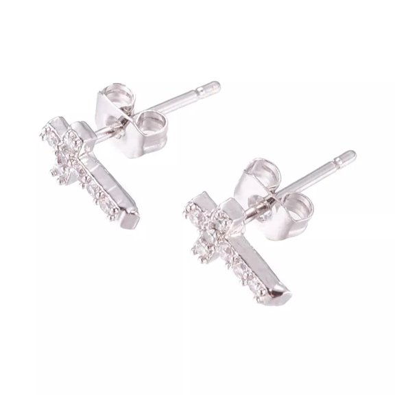 Silver Cross Cubic Zirconia Stud Earrings 9x5x2mm Sterling Silver Plated P564