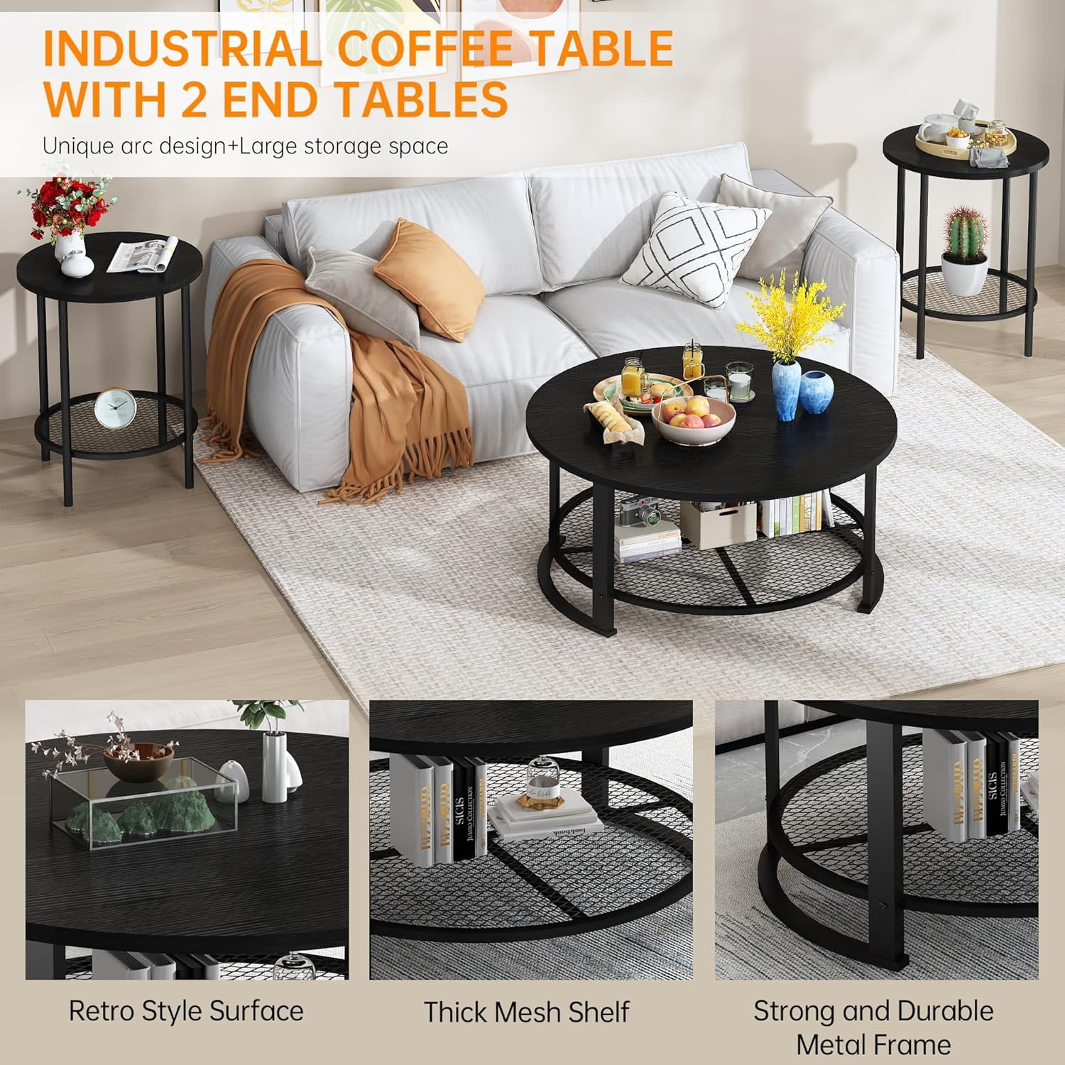 MIERES Round Coffee Table Set of 3, 2-Tier Metal Mesh Storage Shelf Living Room Set with 1 Large Center Table & 2 Small End Tables, Space-Saving Wooden Tea Table for Home Office Apartment, Black