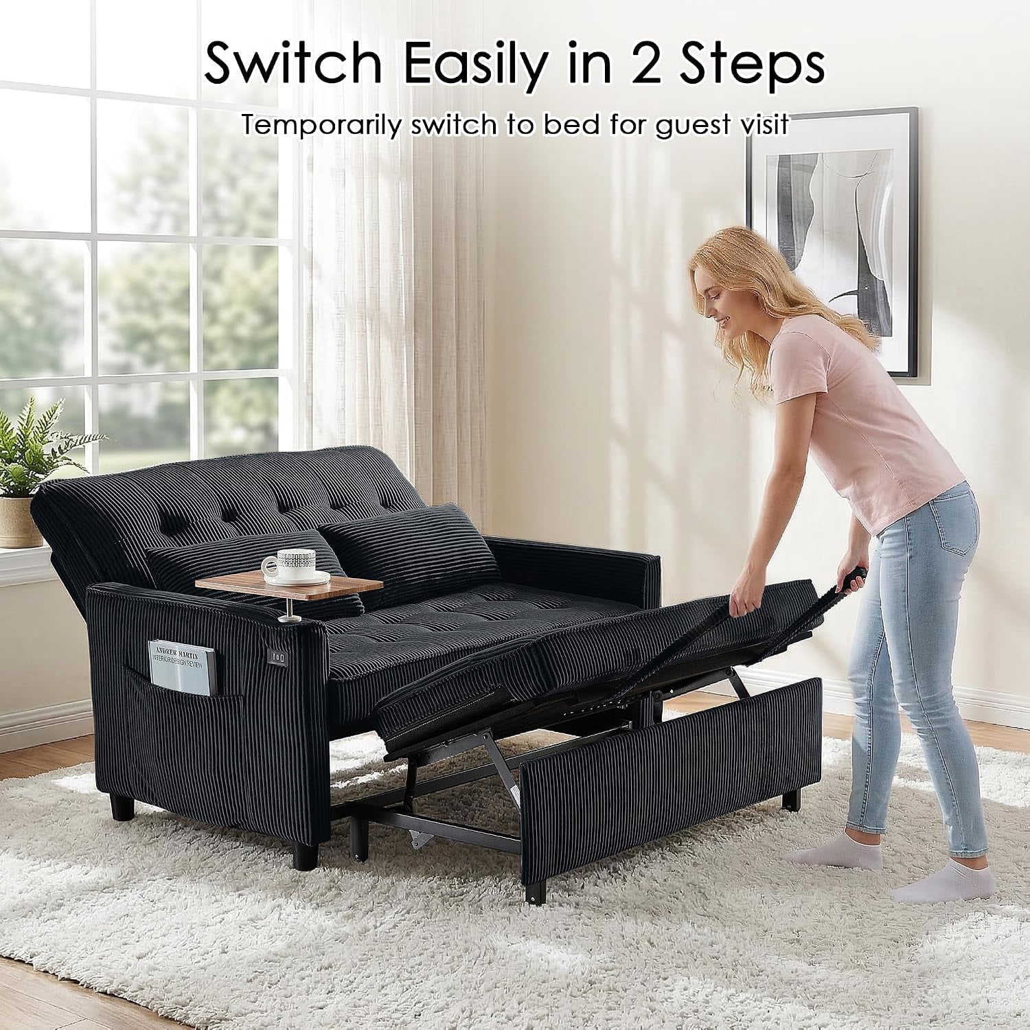 55" Sleeper Sofa Bed, Convertible Pull Out Couch with Side Stand, USB Ports, Side Pockets, Corduroy Fabric, Adjustable Backrest, Black
