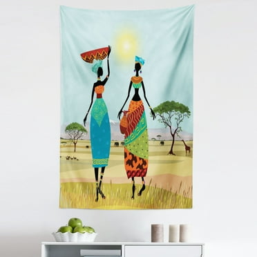 African Tapestry, Design Graphic of Clothed Girls on Nature Scene Print, Fabric Wall Hanging Decor for Bedroom Living Room Dorm, 5 Sizes, Multicolor, by Ambesonne