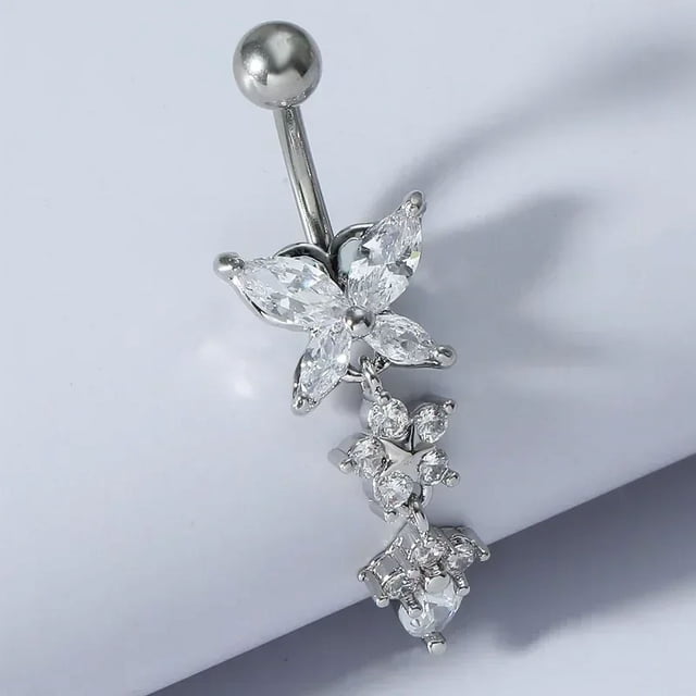 Crystal Navel Nail Ring Alloy Zircon Bar Barbell Drop Flower Dangle Body Piercing Belly Button Rings Men Women Body Jewelry