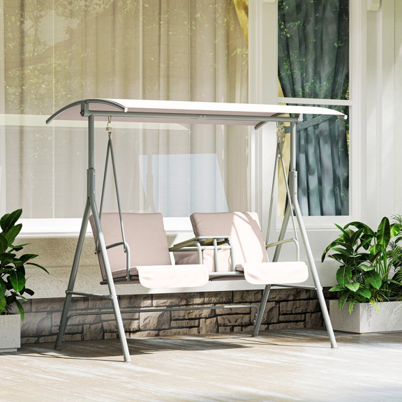 Outsunny 2 Person Porch Swing with Stand, Outdoor Swing with Canopy, Pivot Storage Table, 2 Cup Holders, Cushions for Patio, Backyard, Beige