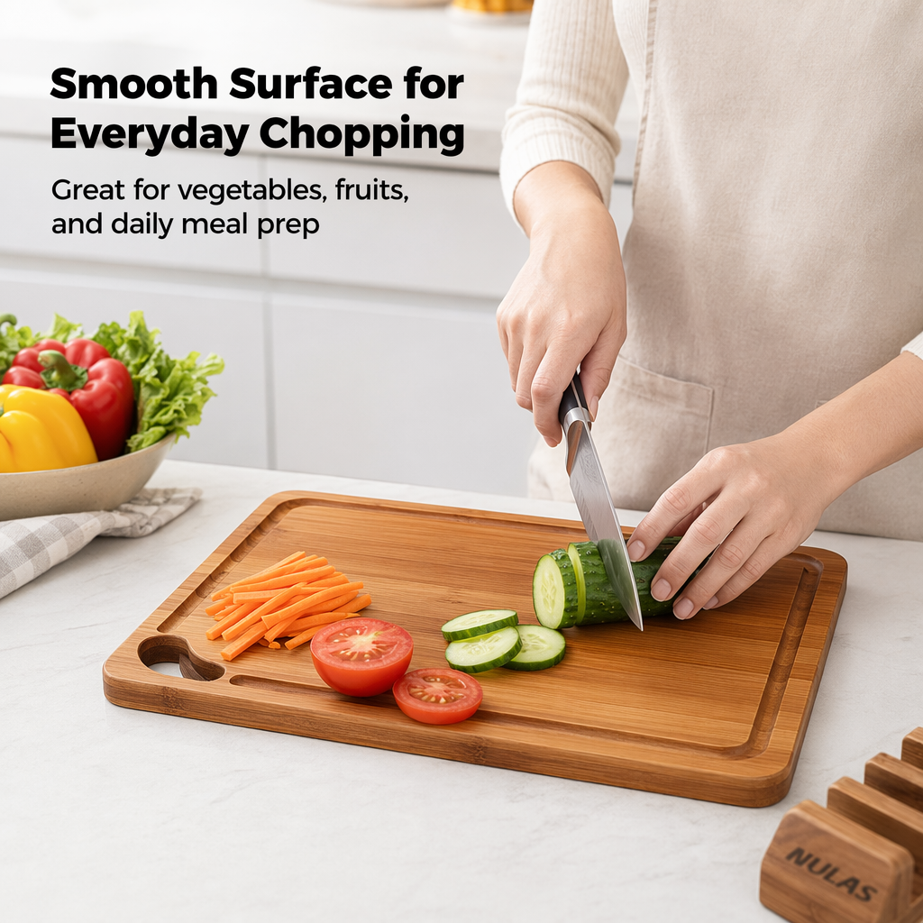 NULAS 4-Piece Bamboo Cutting Board Set with Holder and Handles photo 3