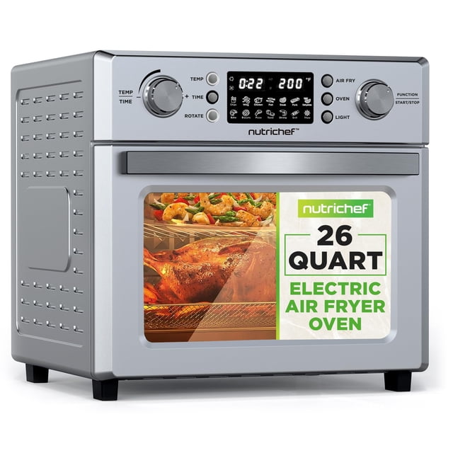 Horno freidora de aire eléctrica NutriChef 26L | Asador de encimera y freidora de aire de 1700 W | Función de rotación de 360° | 10 ajustes preestablecidos de menú digital | Incluye bandeja de goteo,
