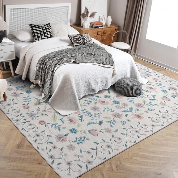 10x13 Elegant Floral Flat Woven Oversized Area Rug, Non Slip Washable Low Pile Great Room Home Office Carpet,Beige tone