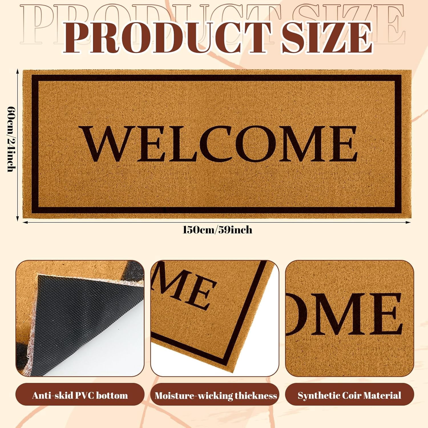 Welcome Long Doormat for Double Door Entrance, 24x59 Inch Heavy Duty Front Porch Rug with Non Slip PVC Backing, Extra Large Decorative Oversized Welcome Mat for Indoor Outdoor Entryway