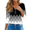 thumbnail image 4 of WTOBBY Women's Casual V-Neck Button Down Tee with 3/4 Sleeve, Daily Weekend Fashion Basic Tunic Top, Retro Geometric Print Henley Collar Regular Fit Shirt,Dark Gray S, 4 of 5