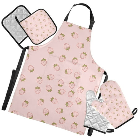 Ryvnso Cute Strawberry Pink Kitchen Apron Oven Mitts Set Pot Holders
