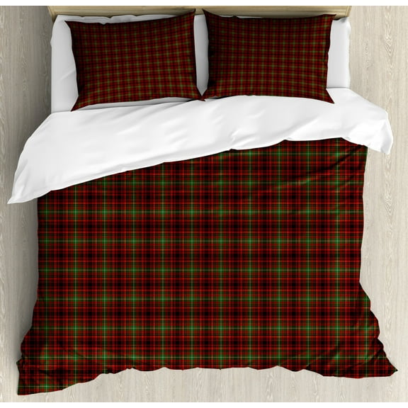Plaid Duvet Cover Set Queen Size, Classic Composition of Squares Tartan Pattern Scottish Style Illustration, 3 Piece Bedding Set with 2 Pillow Shams, Vermilion Green Black, by Ambesonne