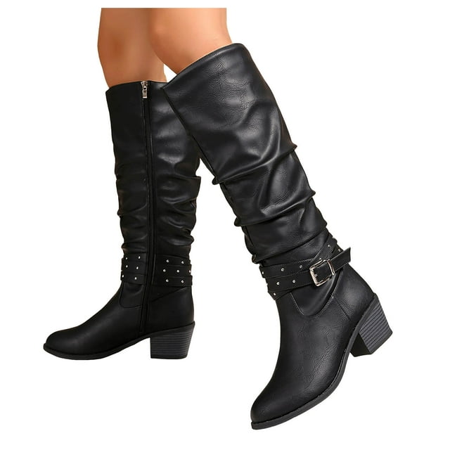 Leozcaa Women's Knee High Boots Chunky Block Heels Wide Calf Boots with Side Zipper Buckle Riding Boots