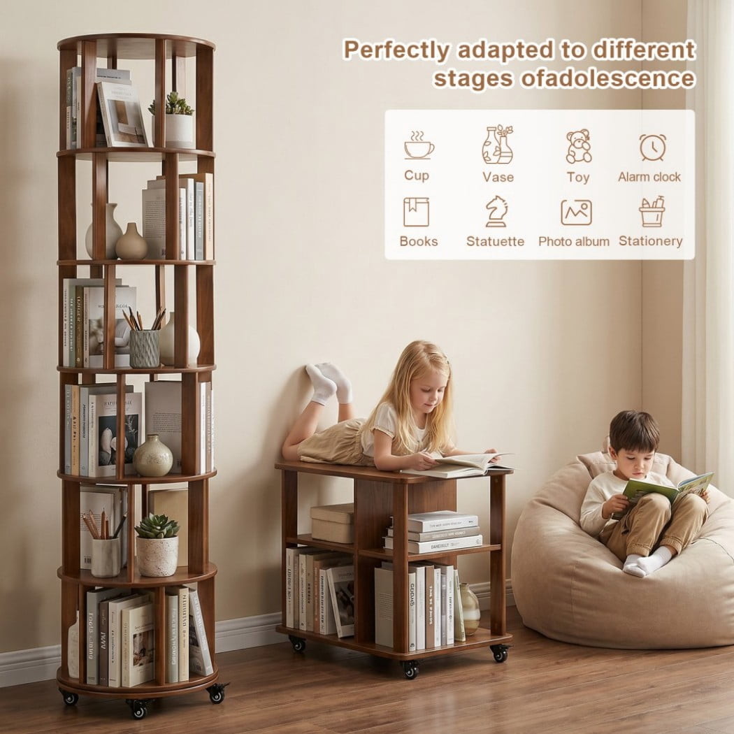 6-Tier Rotating Bookshelf, Solid Wood Spinning Bookcase Tower with Locking Wheels, 360° Display Round Bookshelf for Small Spaces, Walnut