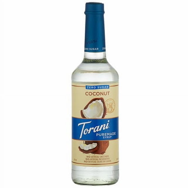 Torani Puremade Zero Sugar Coconut Syrup, "Clean-Label" Tropical Beverage Base, 750 mL (25.36 oz) Premium Glass Bottle